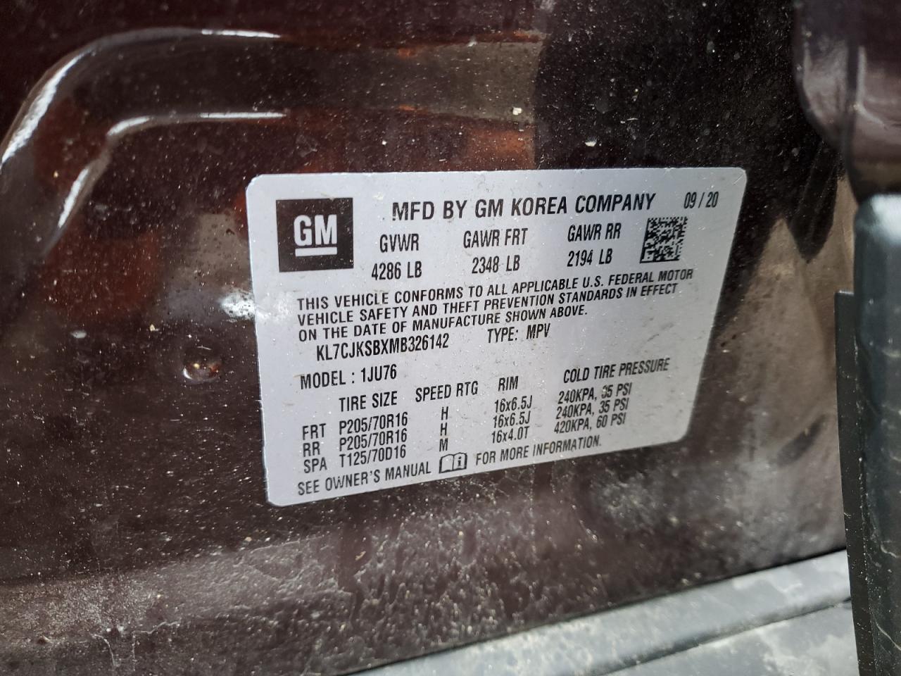 KL7CJKSBXMB326142 CHEVROLET TRAX 2021