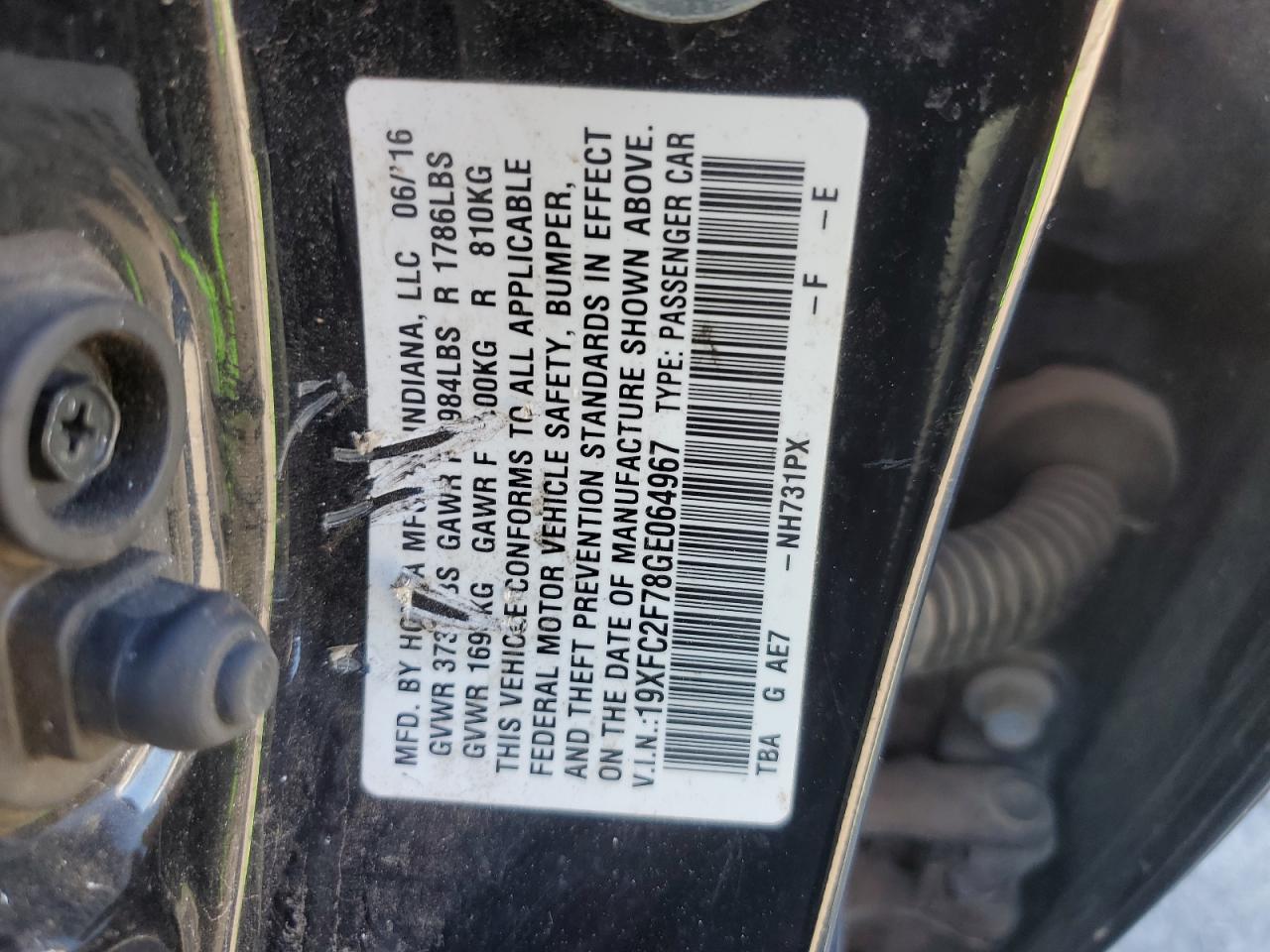 19XFC2F78GE064967 HONDA CIVIC 2016