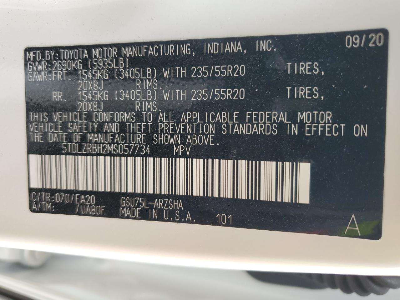 5TDLZRBH2MS057734 TOYOTA HIGHLANDER 2021