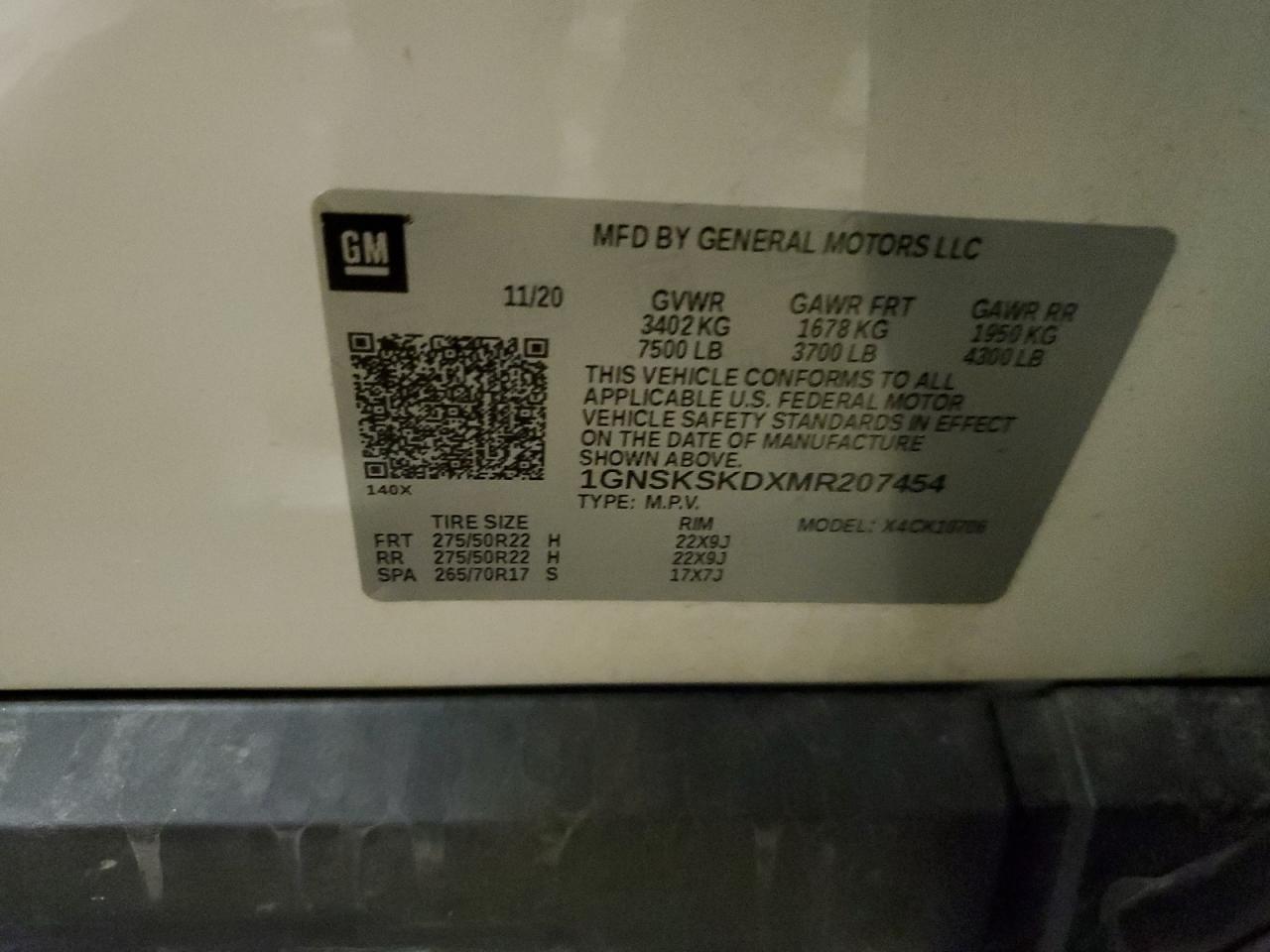 1GNSKSKDXMR207454 CHEVROLET TAHOE 2021