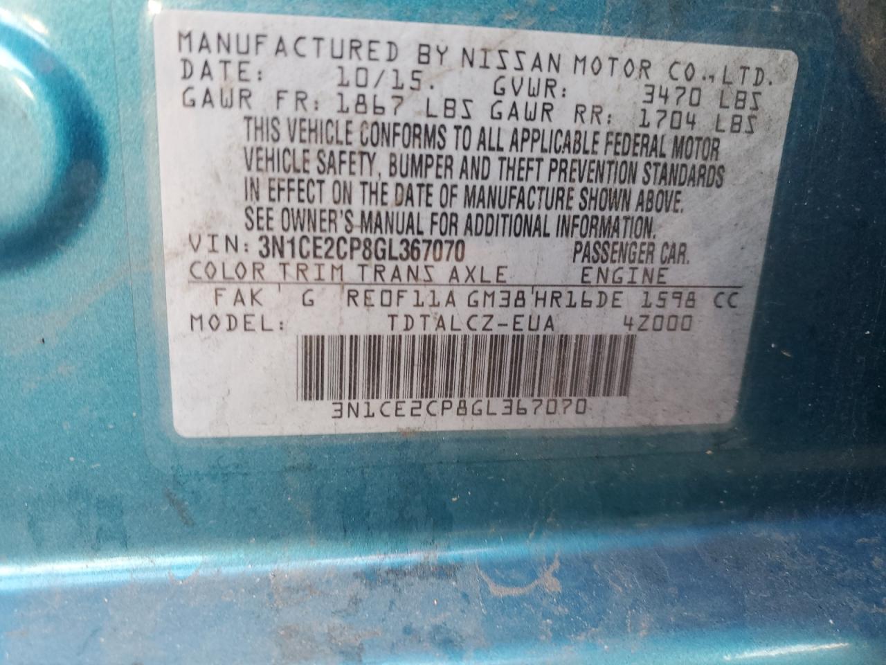 3N1CE2CP8GL367070 NISSAN VERSA 2016