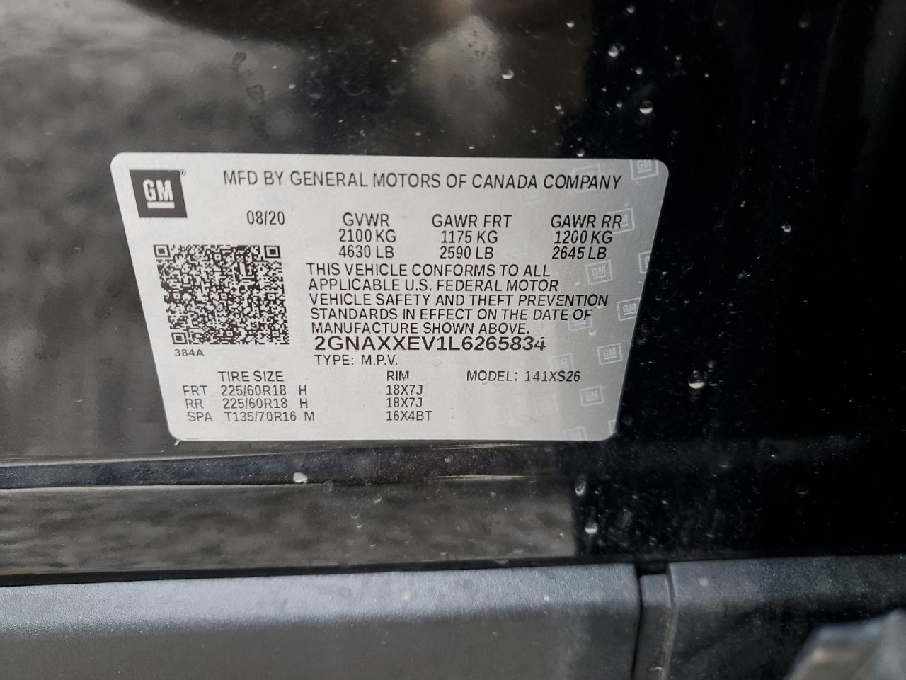 2GNAXXEV1L6265834 CHEVROLET EQUINOX 2020