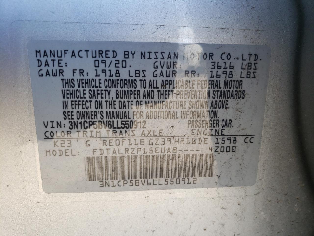 3N1CP5BV6LL550912 NISSAN KICKS 2020