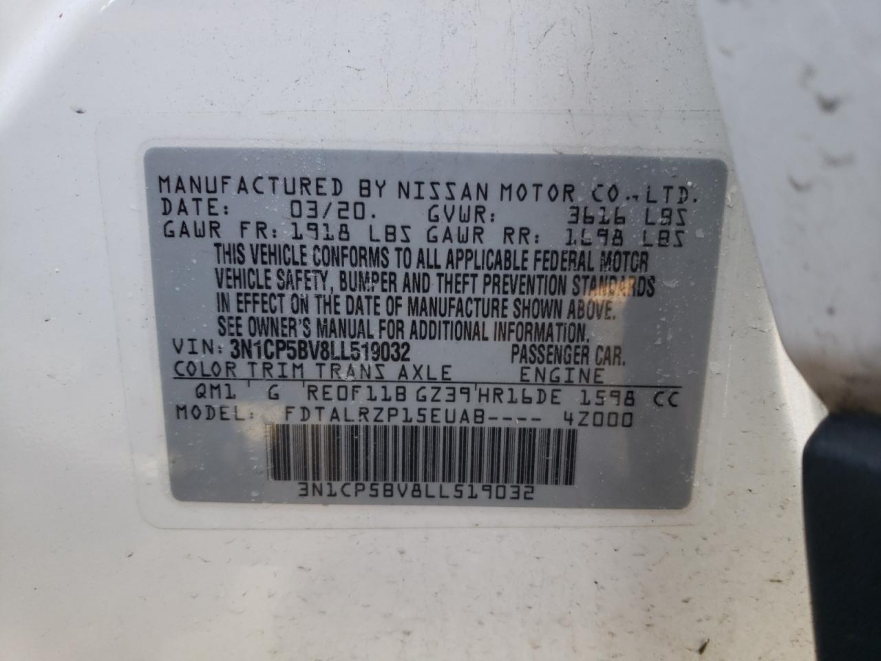 3N1CP5BV8LL519032 NISSAN KICKS 2020
