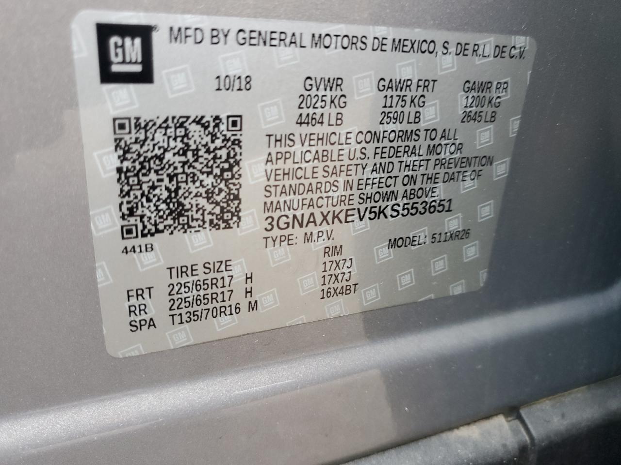 3GNAXKEV5KS553651 CHEVROLET EQUINOX 2019