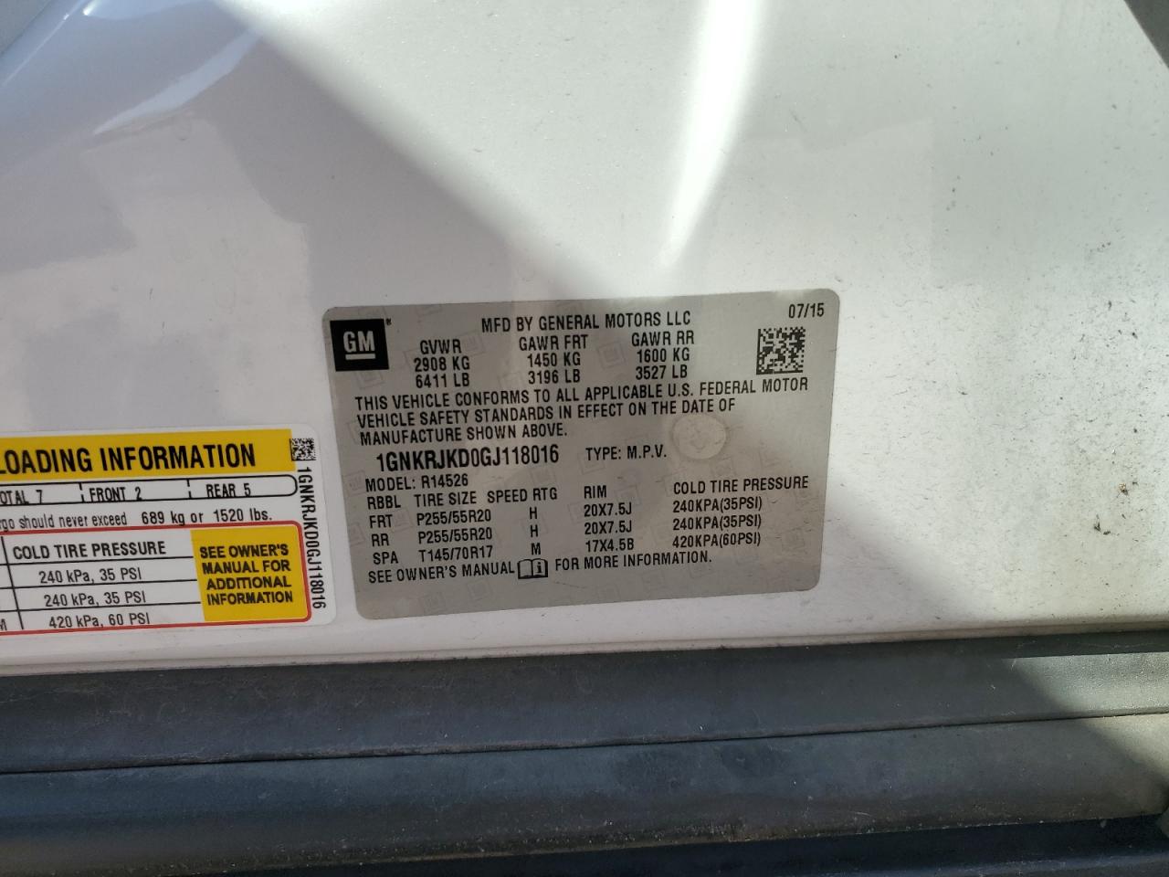 1GNKRJKD0GJ118016 CHEVROLET TRAVERSE 2016