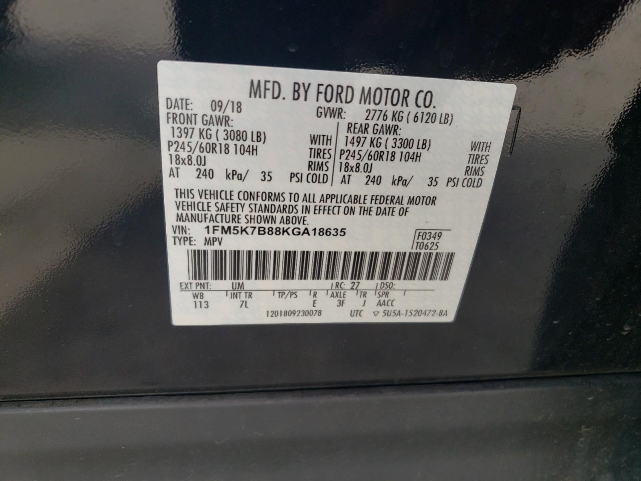 1FM5K7B88KGA18635 FORD EXPLORER 2019