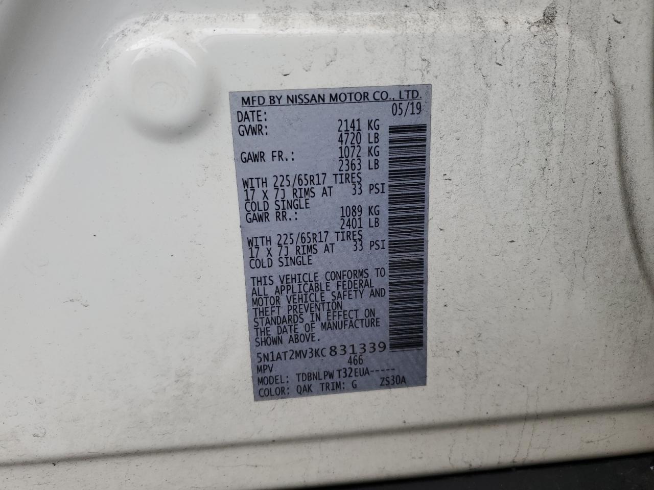 5N1AT2MV3KC831339 NISSAN ROGUE 2019