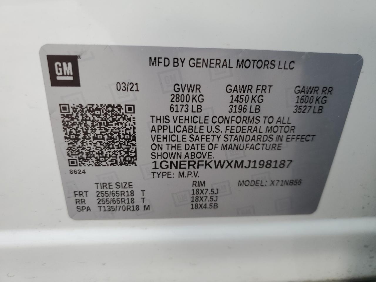 1GNERFKWXMJ198187 CHEVROLET TRAVERSE 2021