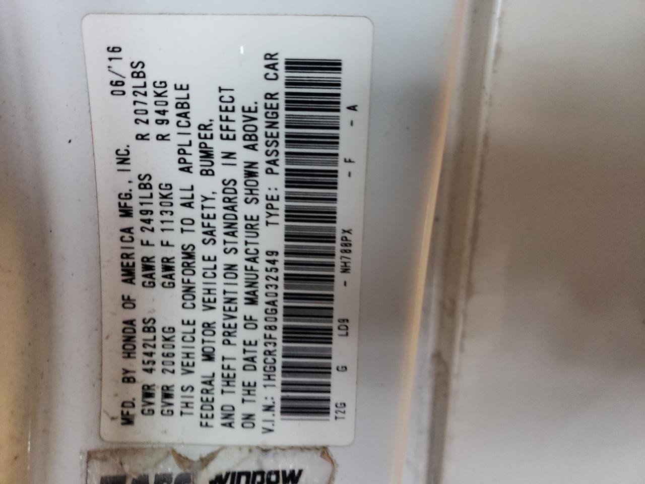 1HGCR3F80GA032549 HONDA ACCORD 2016