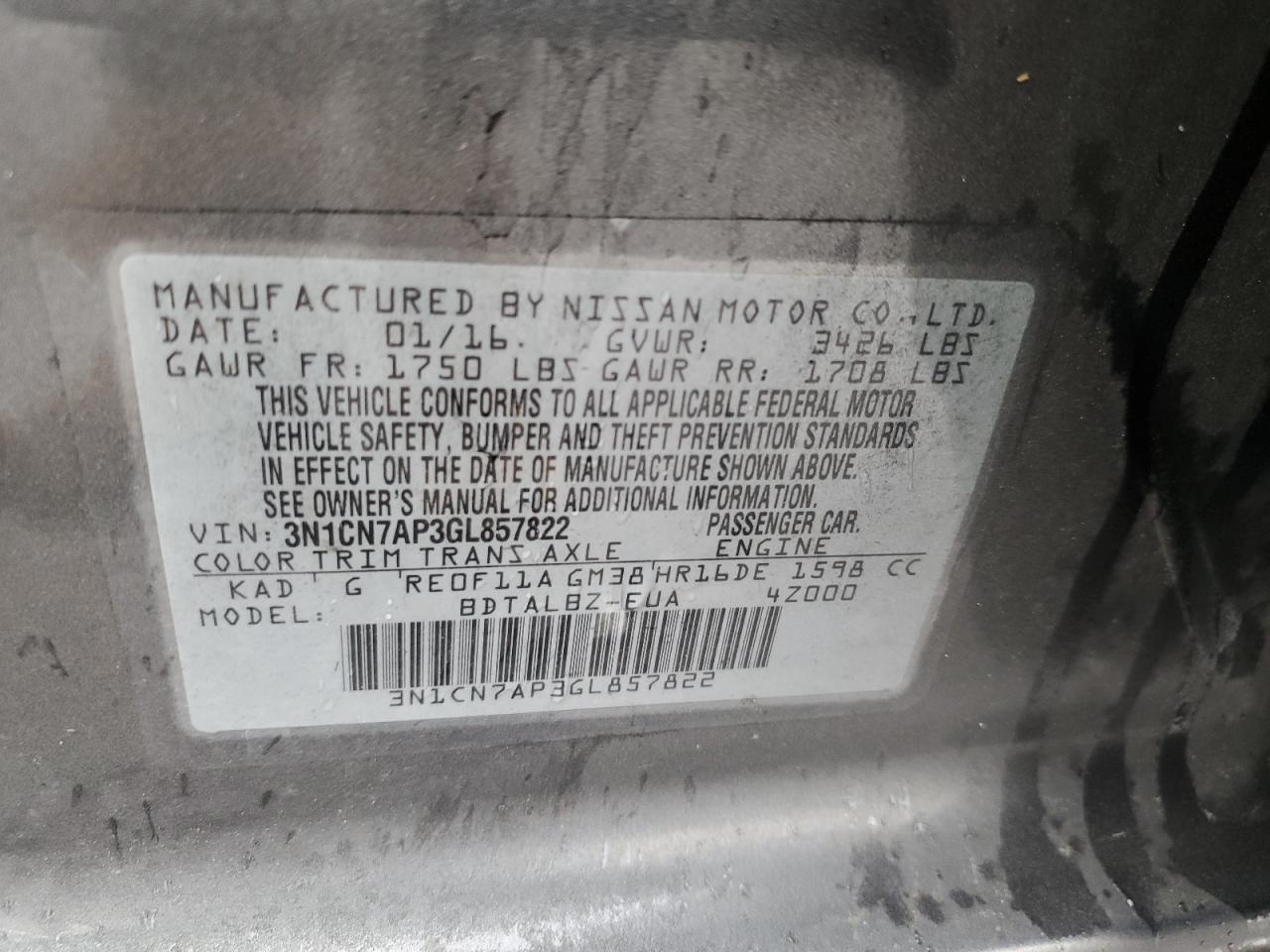 3N1CN7AP3GL857822 NISSAN VERSA 2016