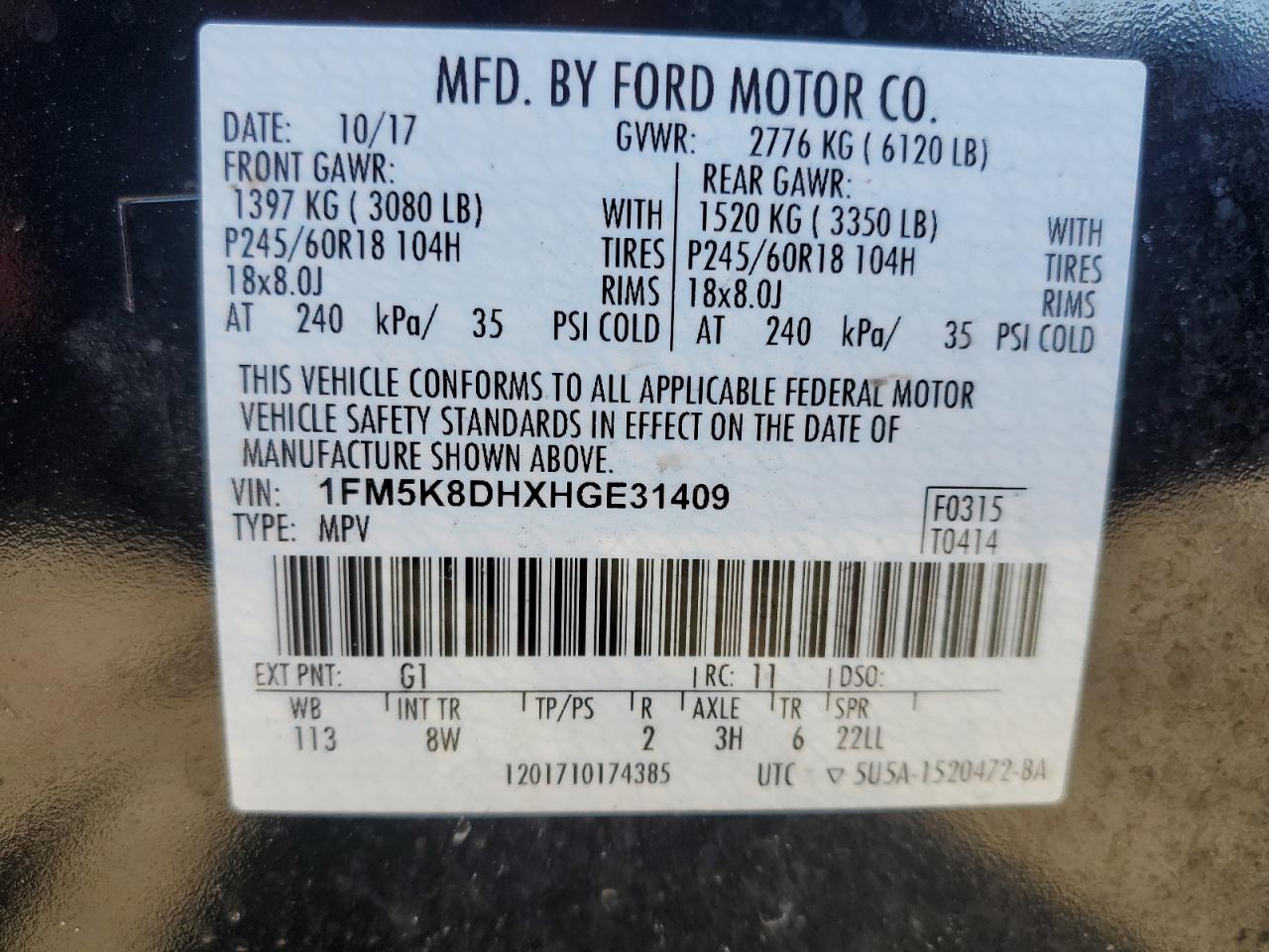 1FM5K8DHXHGE31409 FORD EXPLORER 2017