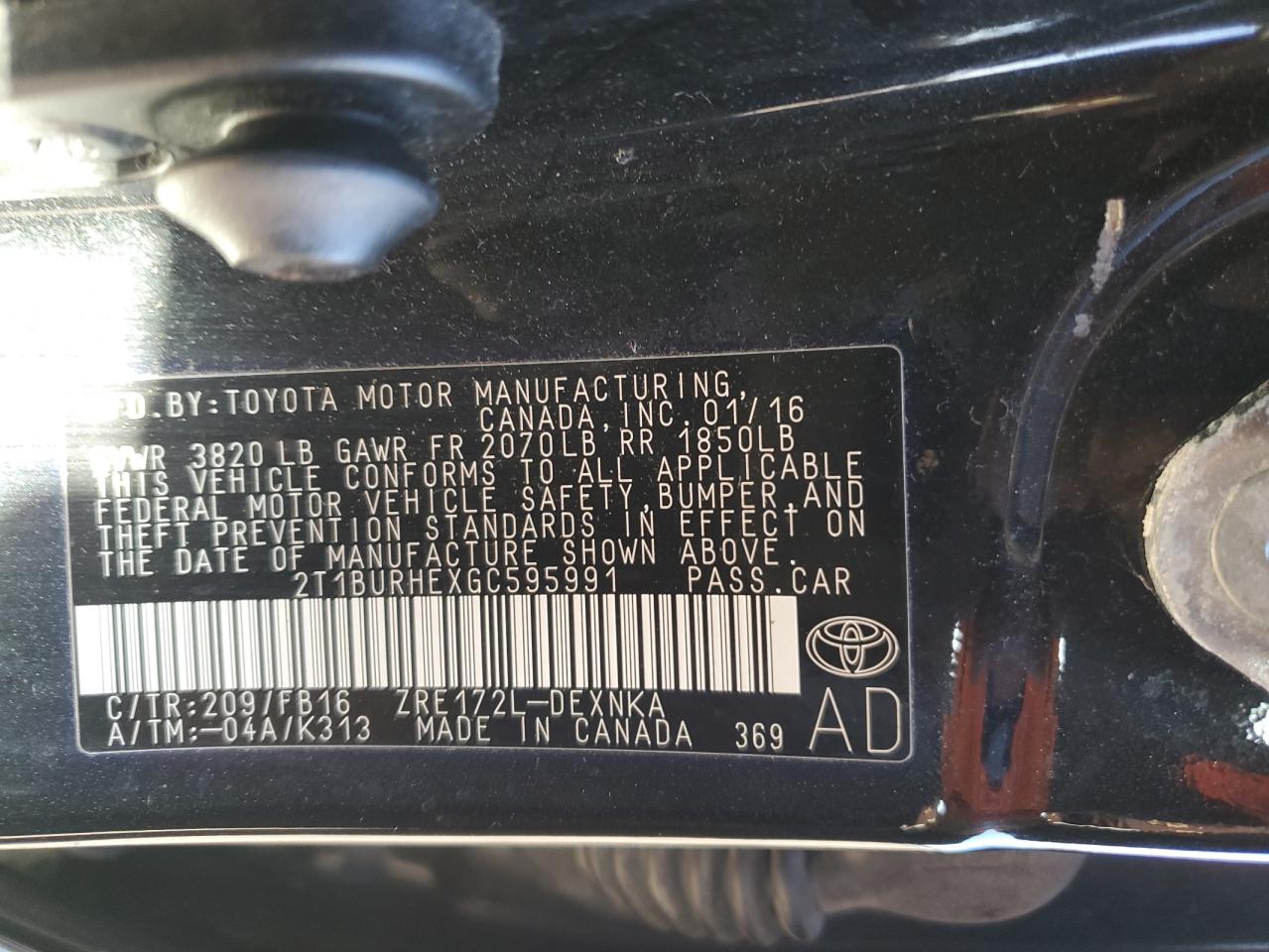 2T1BURHEXGC595991 TOYOTA COROLLA 2016