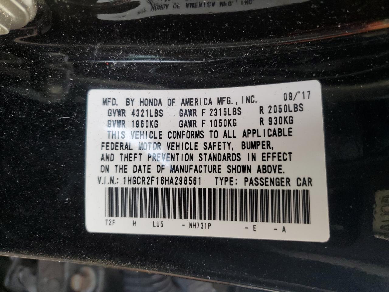 1HGCR2F16HA298561 HONDA ACCORD 2017