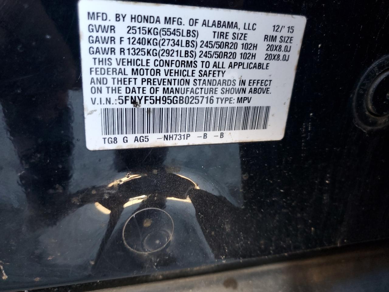 5FNYF5H95GB025716 HONDA PILOT 2016