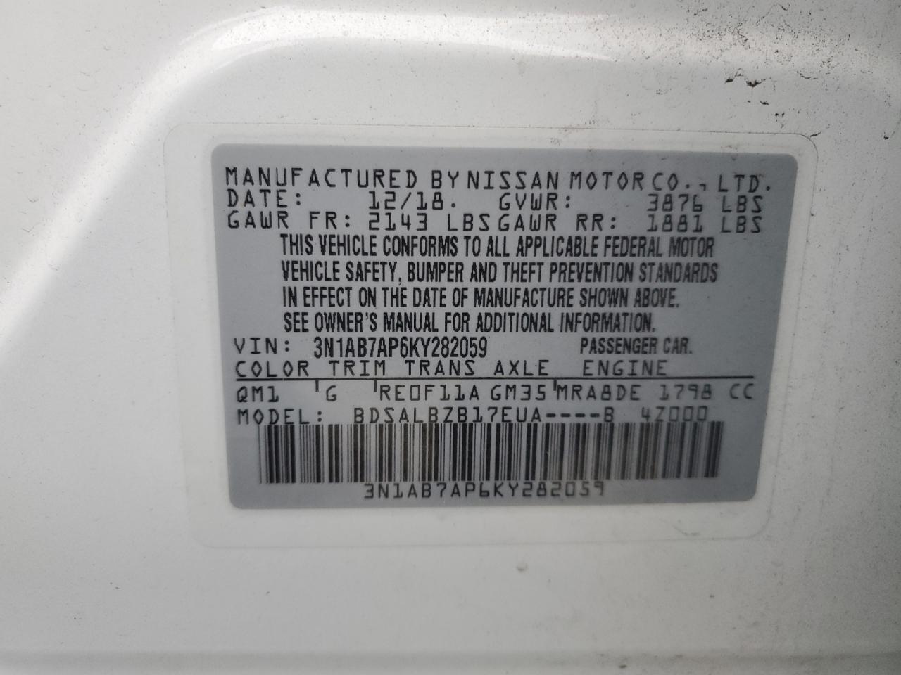 3N1AB7AP6KY282059 NISSAN SENTRA 2019