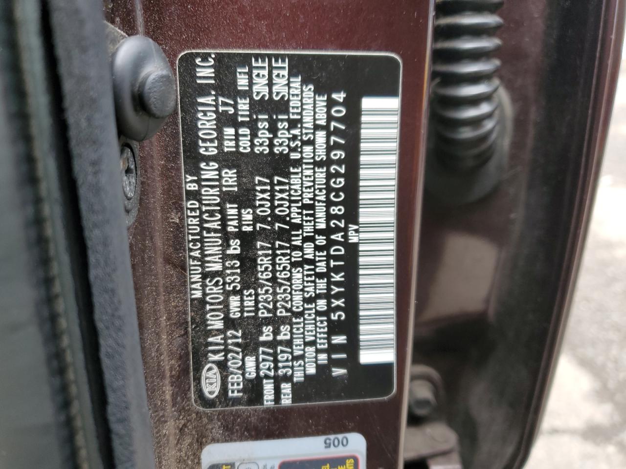 5XYKTDA28CG297704 2012 Kia Sorento Base