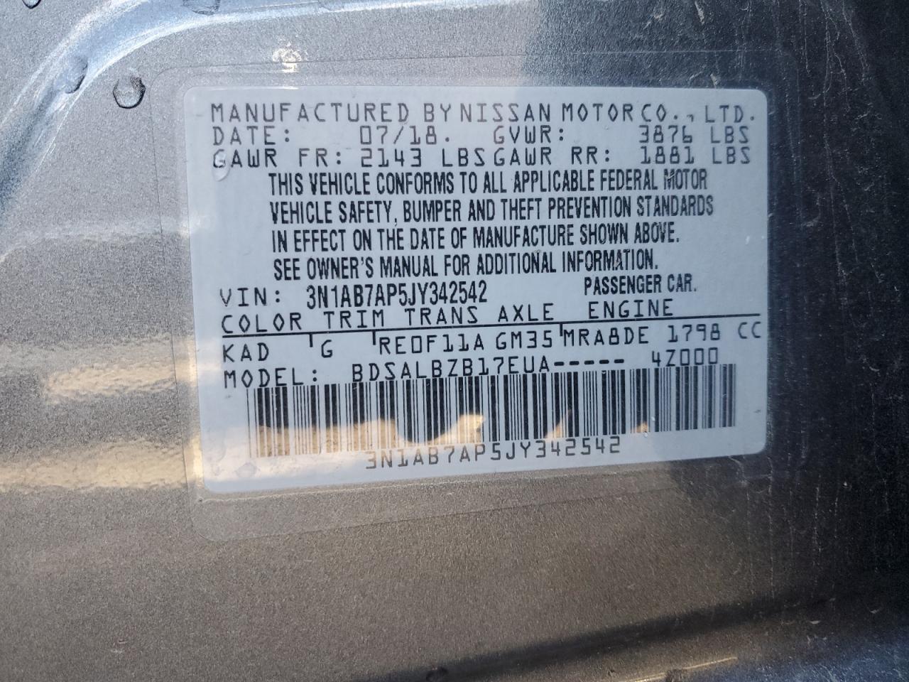 3N1AB7AP5JY342542 NISSAN SENTRA 2018