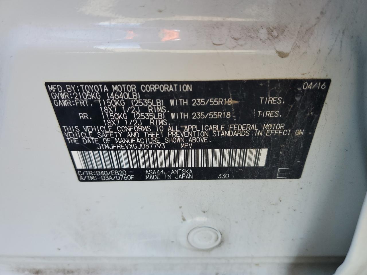 JTMJFREVXGJ087793 TOYOTA RAV4 2016