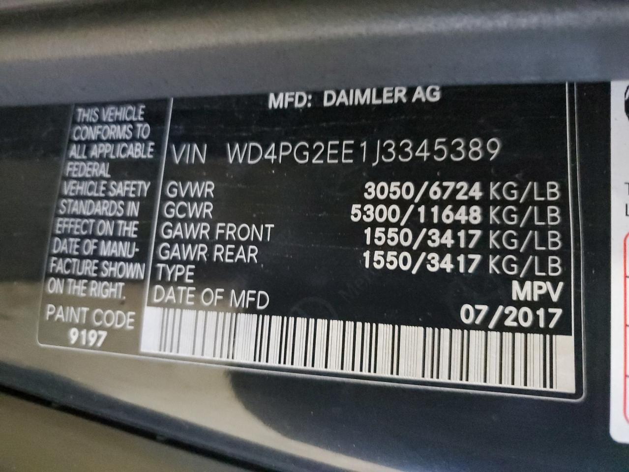 2018 Mercedes-Benz Metris vin: WD4PG2EE1J3345389