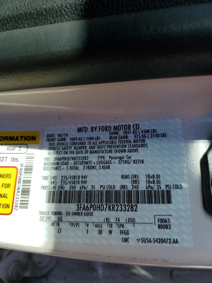 3FA6P0HD7KR233282 FORD FUSION 2019