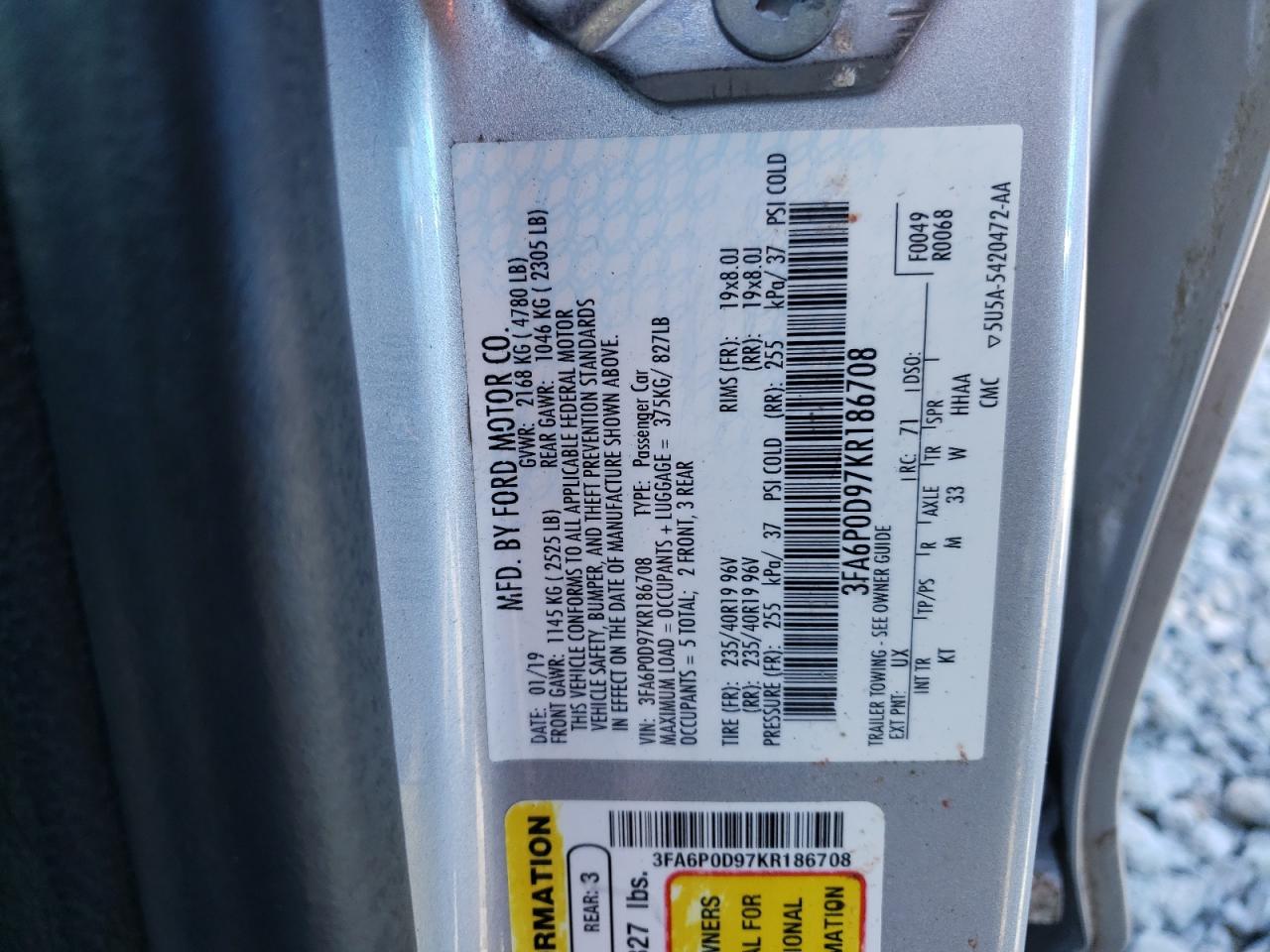 3FA6P0D97KR186708 FORD FUSION 2019