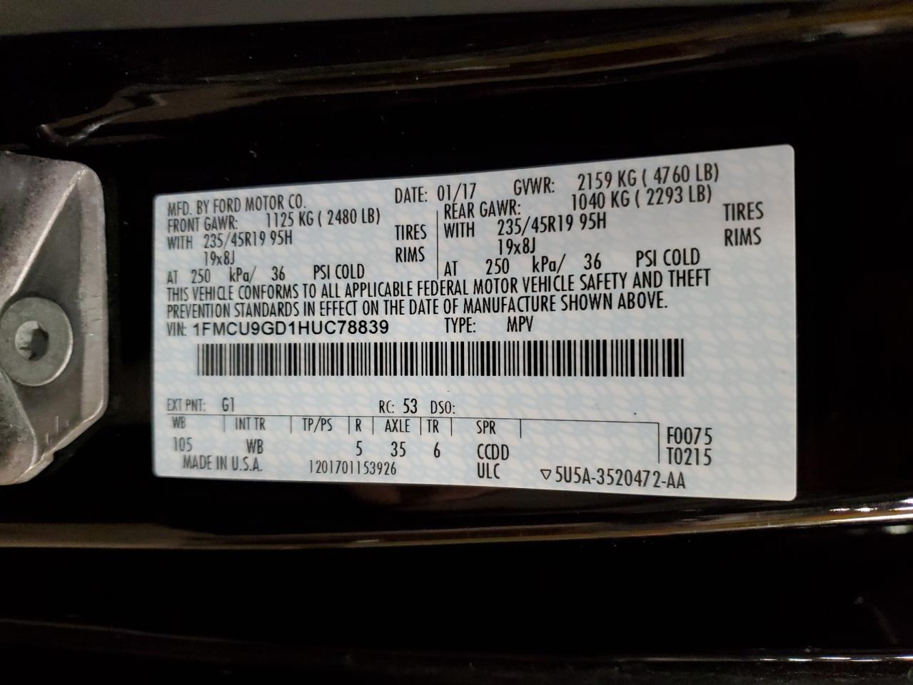 1FMCU9GD1HUC78839 FORD ESCAPE 2017