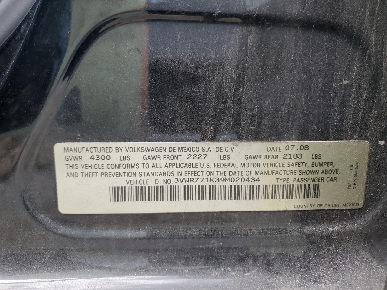 3VWRZ71K39M020434 2009 Volkswagen Jetta Se