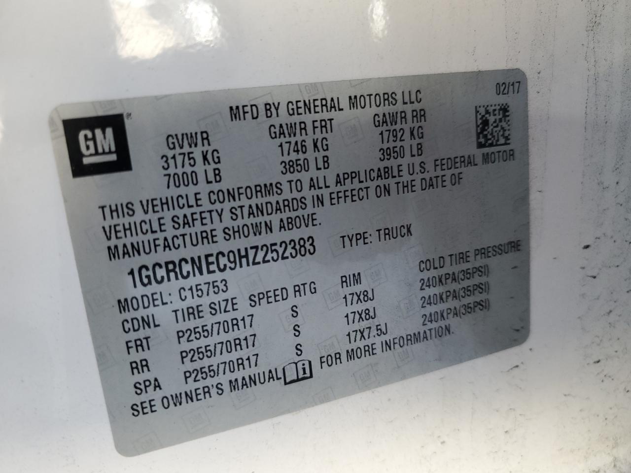 1GCRCNEC9HZ252383 CHEVROLET SILVERADO 2017