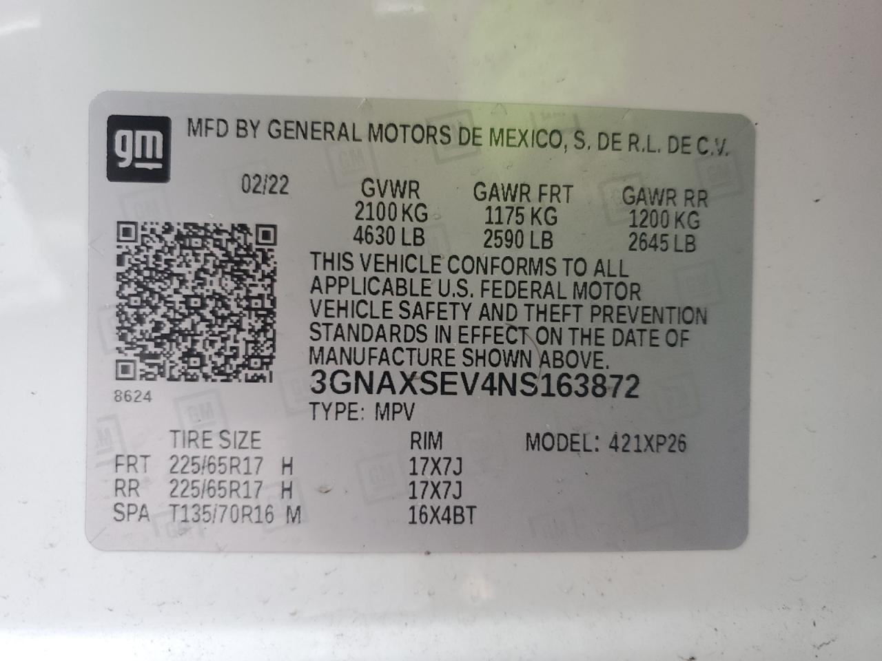 3GNAXSEV4NS163872 CHEVROLET EQUINOX 2022