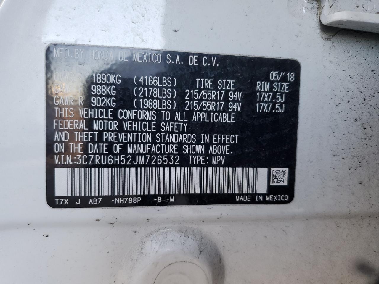 3CZRU6H52JM726532 HONDA HR-V 2018