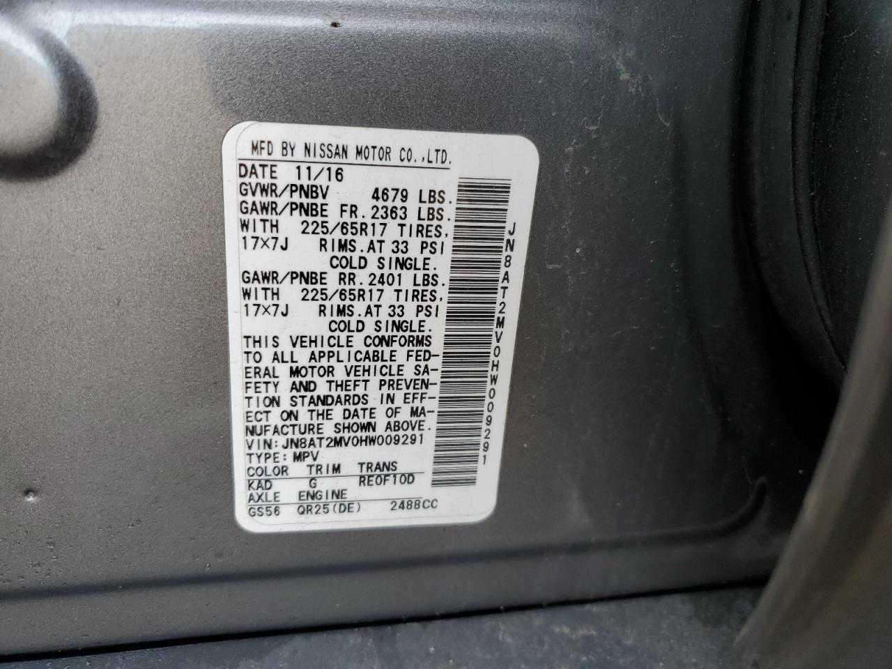 JN8AT2MV0HW009291 NISSAN ROGUE 2017