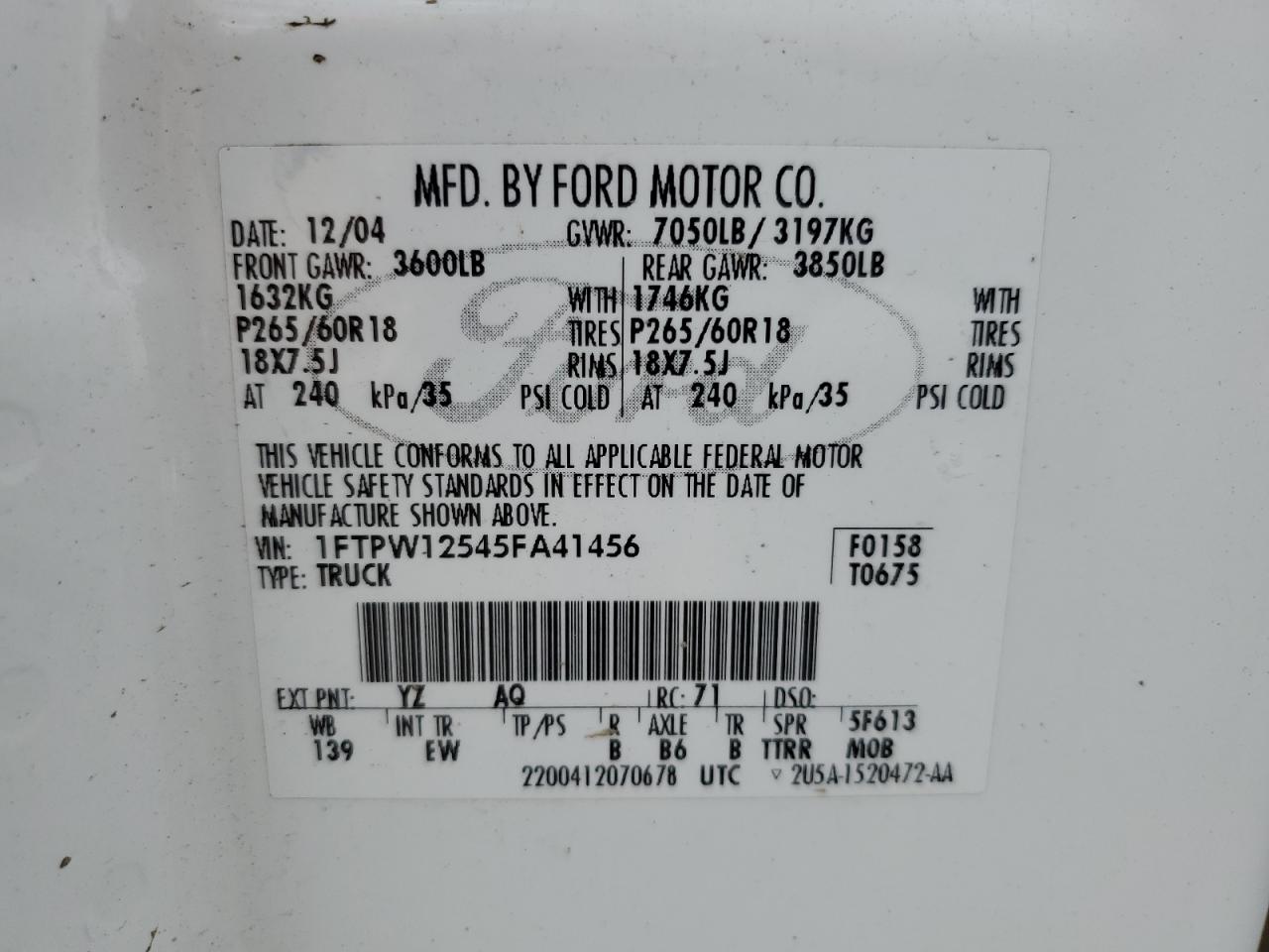 1FTPW12545FA41456 2005 Ford F150 Supercrew