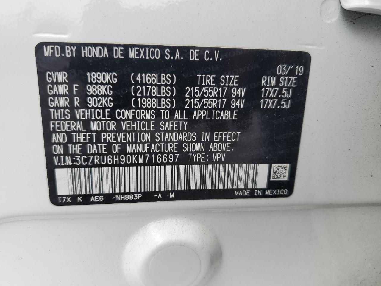 3CZRU6H90KM716697 HONDA HR-V 2019