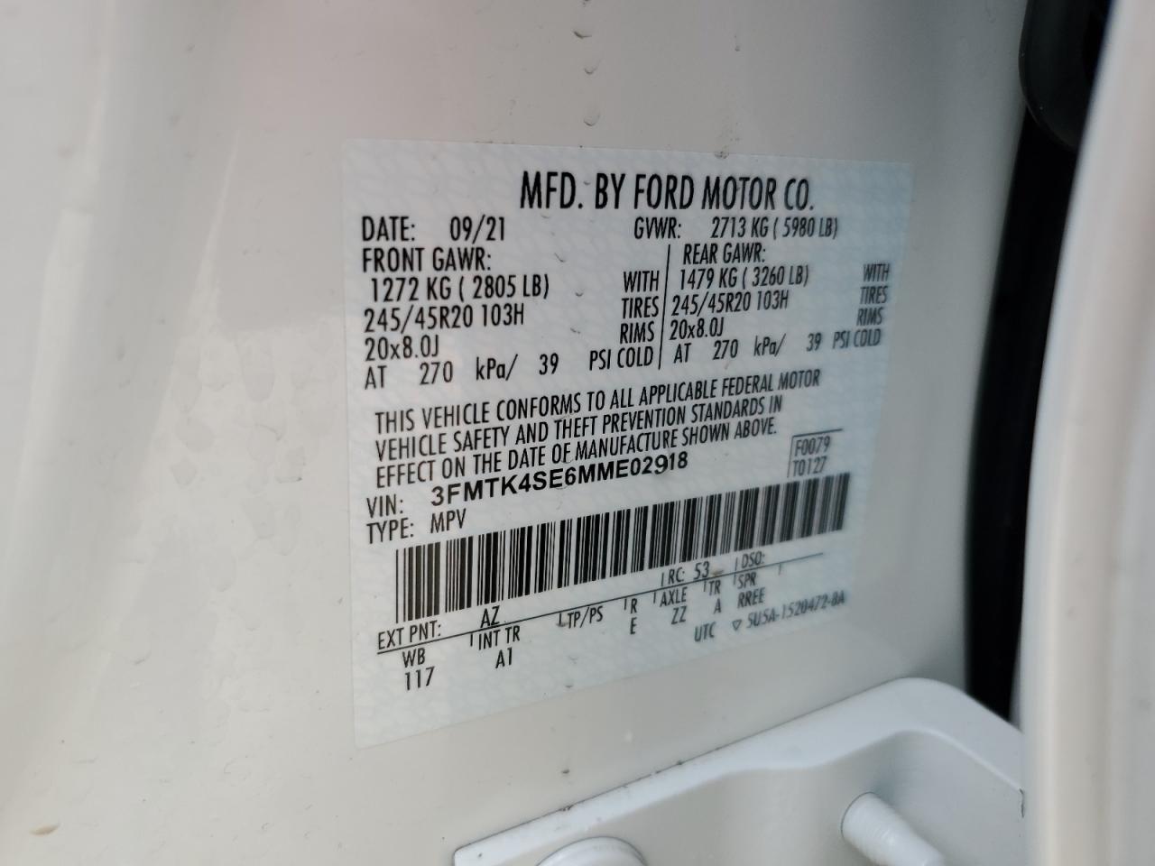 3FMTK4SE6MME02918 FORD MUSTANG 2021