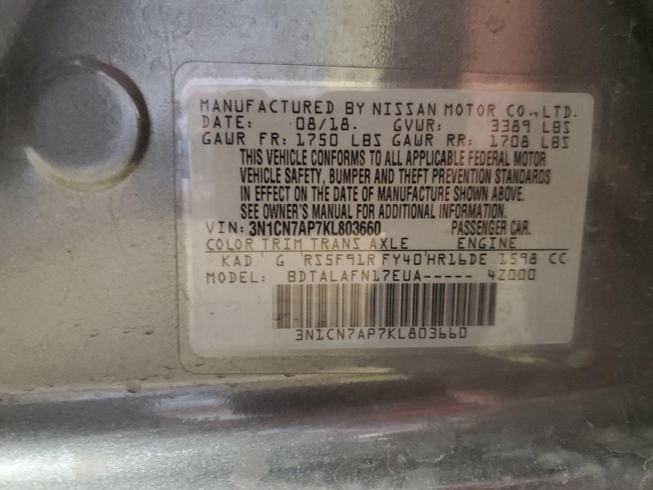 3N1CN7AP7KL803660 NISSAN VERSA 2019