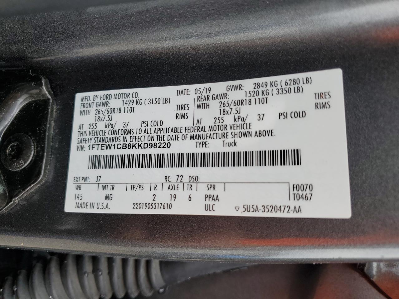 1FTEW1CB8KKD98220 FORD F-150 2019