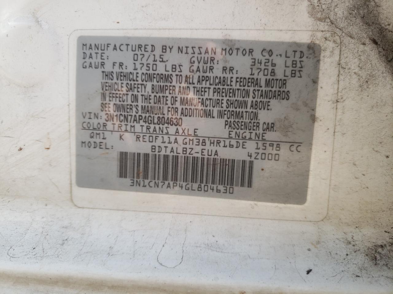 3N1CN7AP4GL804630 NISSAN VERSA 2016