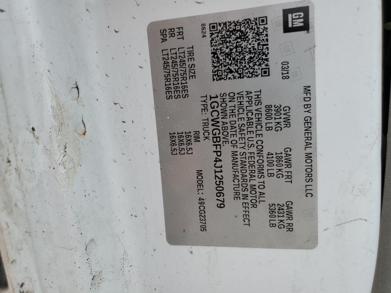 1GCWGBFP4J1250679 CHEVROLET EXPRESS 2018