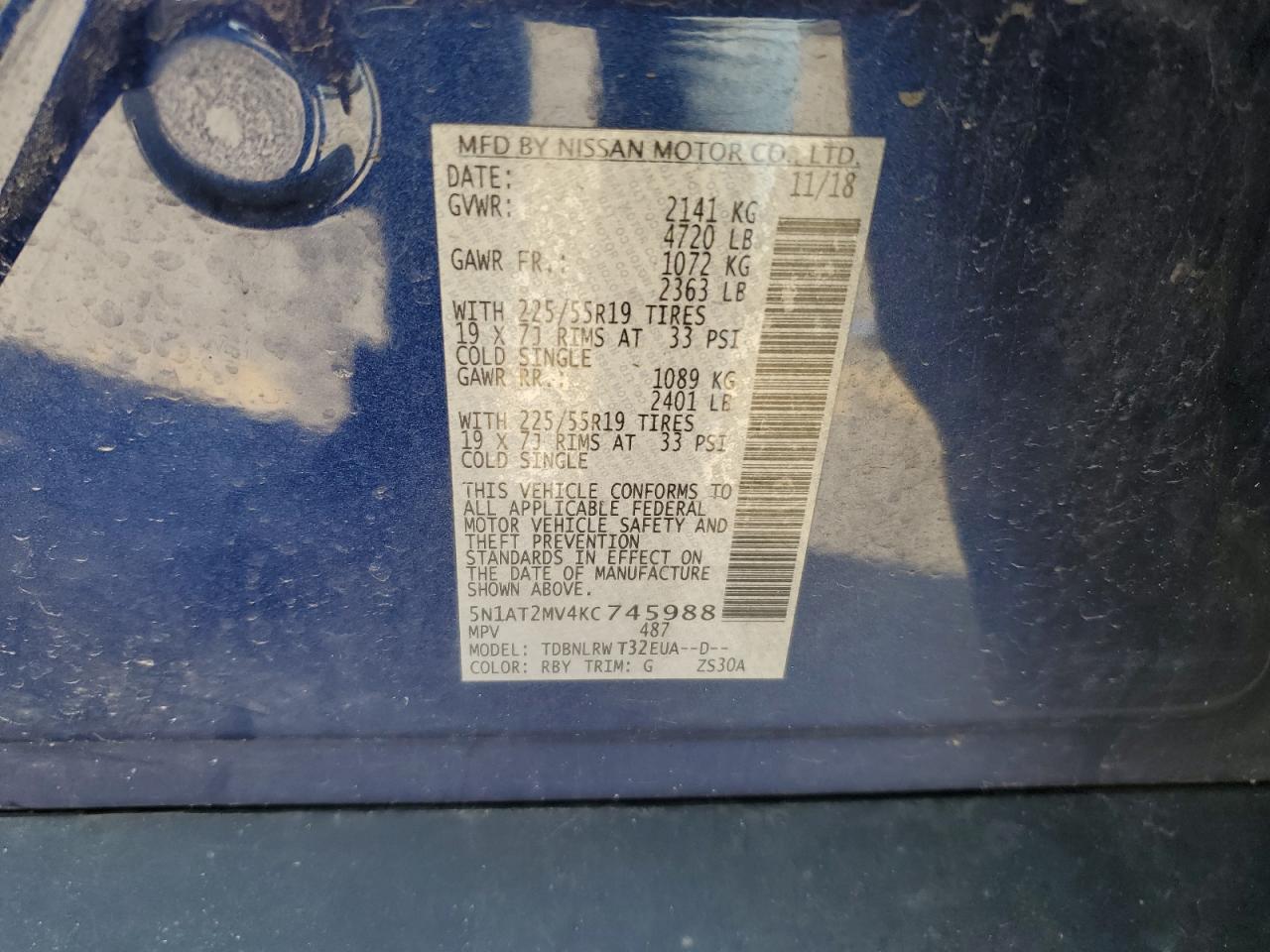 5N1AT2MV4KC745988 NISSAN ROGUE 2019