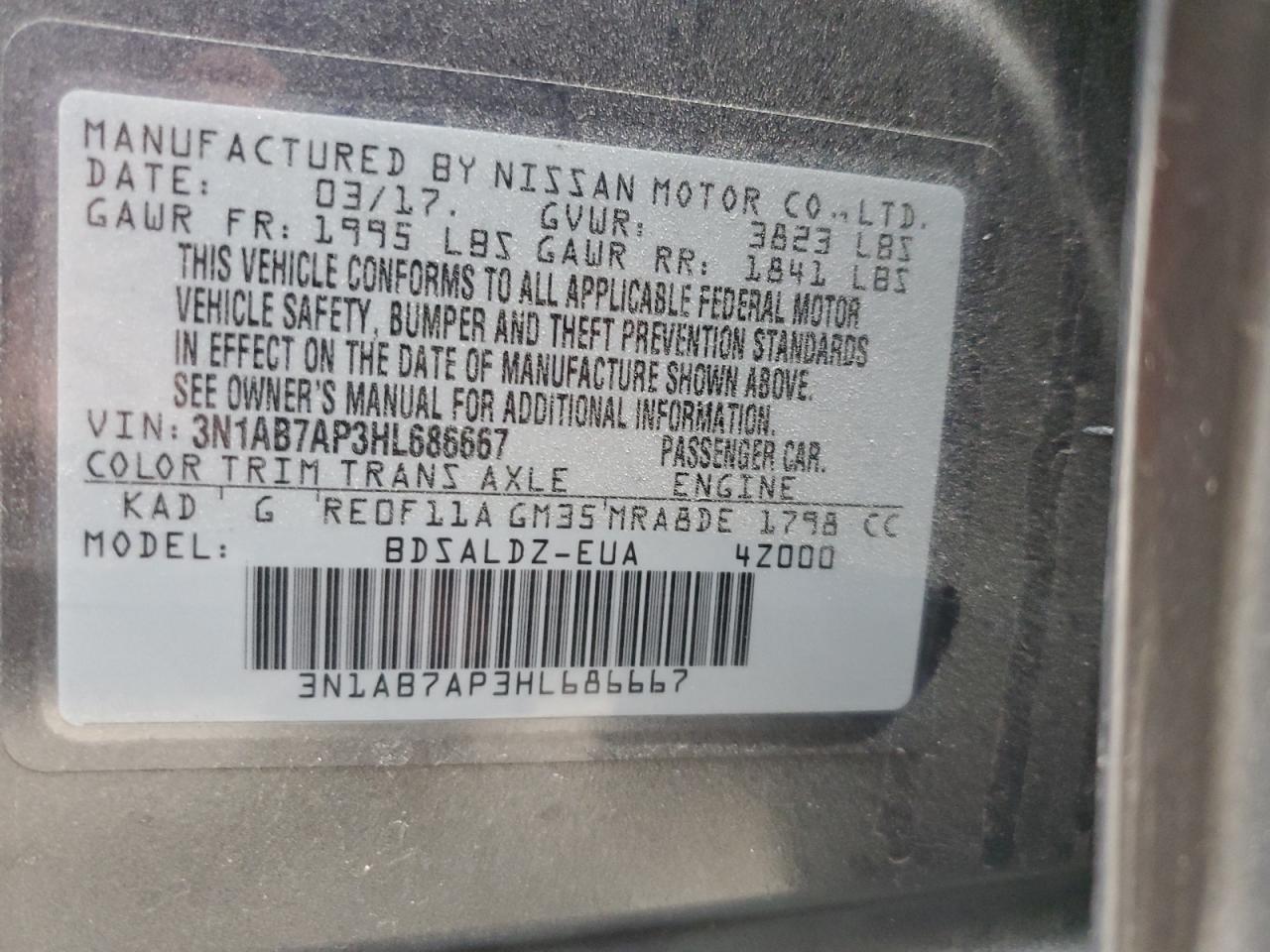 3N1AB7AP3HL686667 2017 Nissan Sentra S