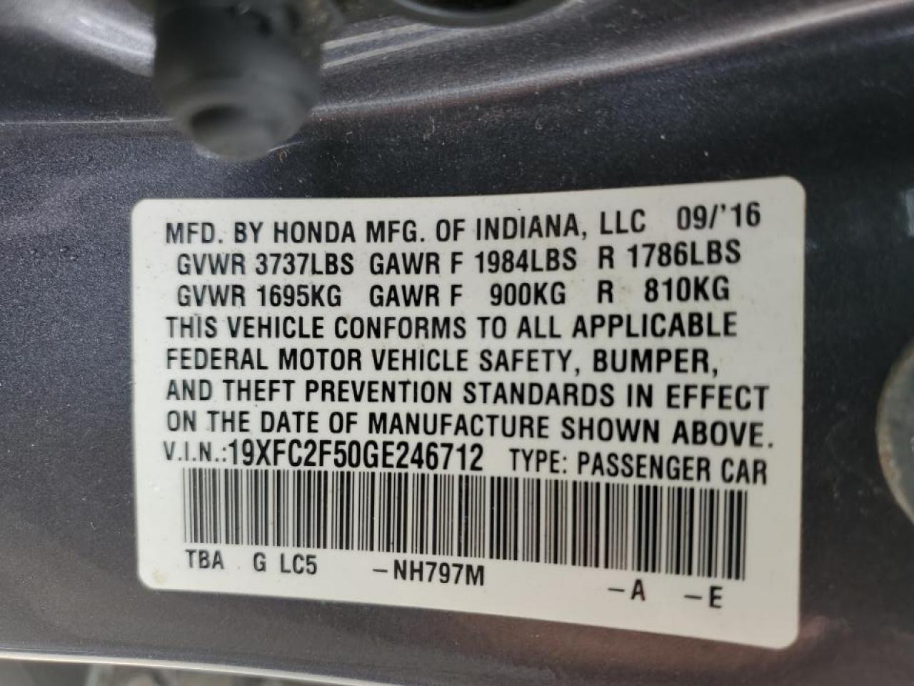 19XFC2F50GE246712 HONDA CIVIC 2016