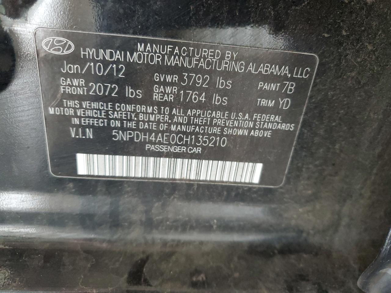 5NPDH4AE0CH135210 2012 Hyundai Elantra Gls