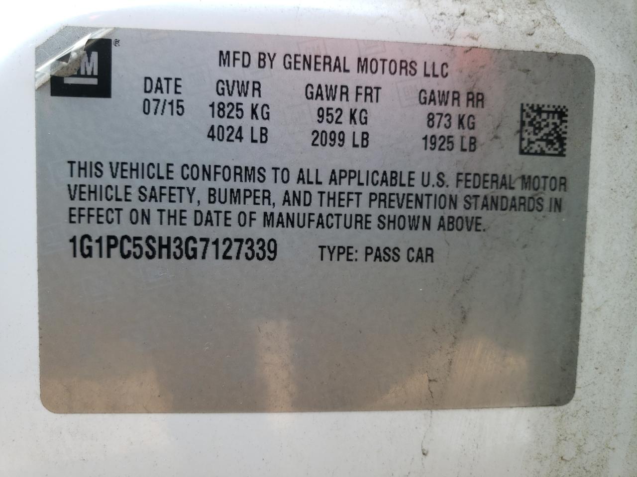 1G1PC5SH3G7127339 CHEVROLET CRUZE 2016