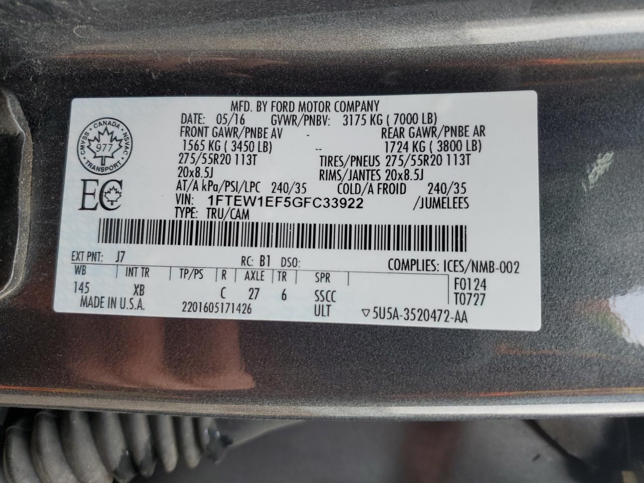1FTEW1EF5GFC33922 FORD F-150 2016