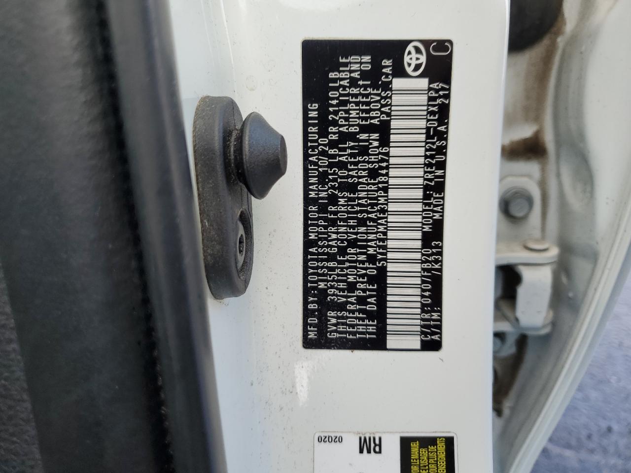 5YFEPMAE3MP184476 TOYOTA COROLLA 2021