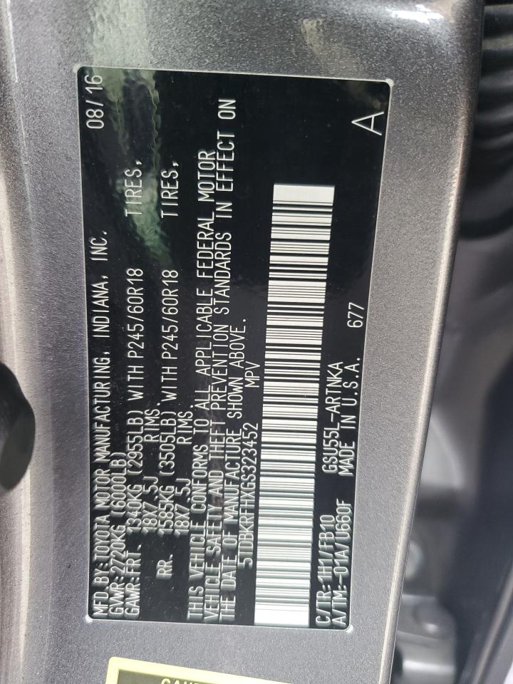 5TDBKRFHXGS323452 TOYOTA HIGHLANDER 2016