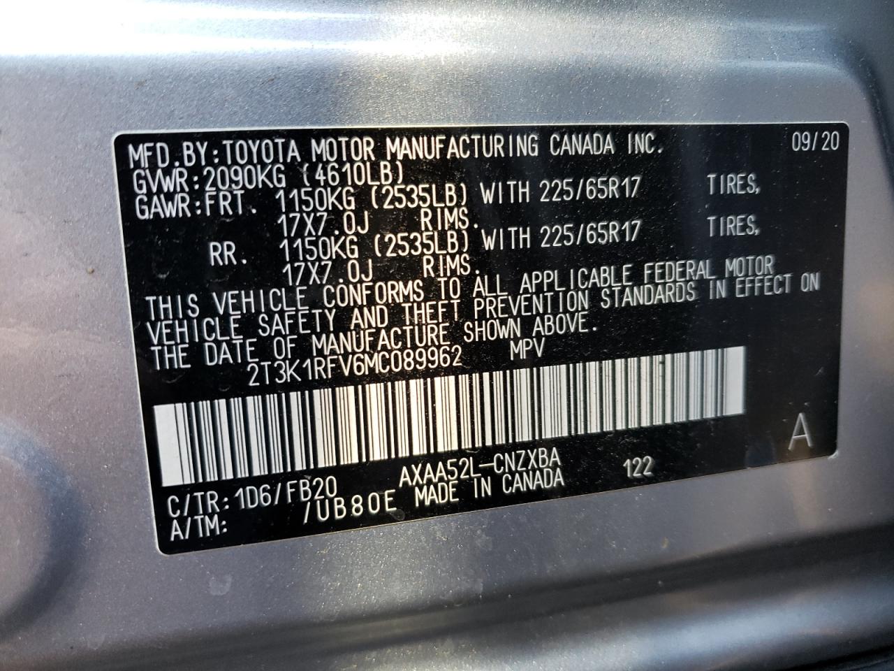2T3K1RFV6MC089962 TOYOTA RAV4 2021