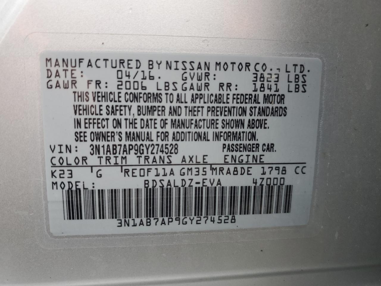 3N1AB7AP9GY274528 NISSAN SENTRA 2016