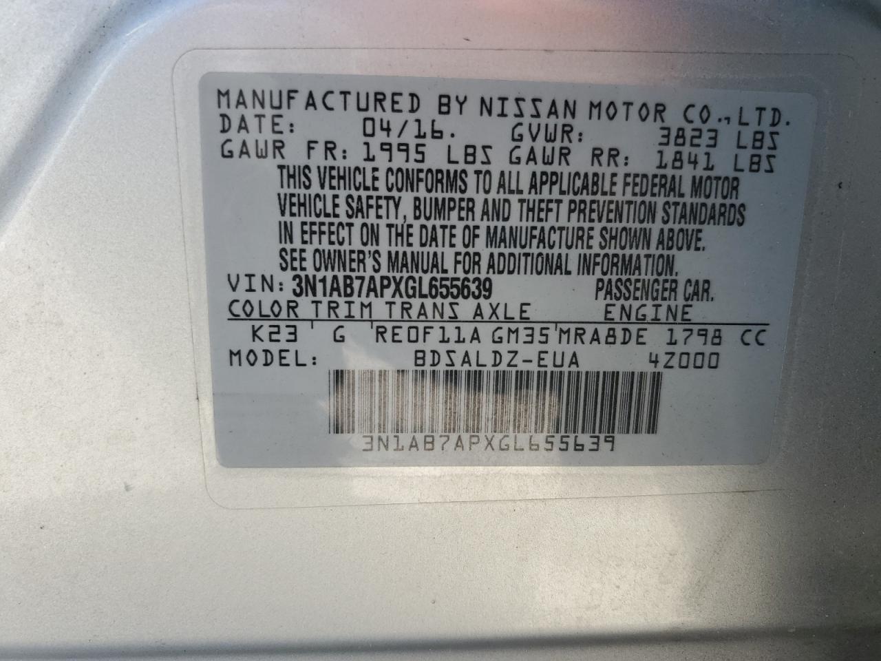 3N1AB7APXGL655639 NISSAN SENTRA 2016